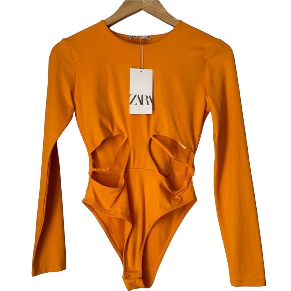 Zara cutout orange bodysuit,form fitting,skin tight,long‎ sleeve bodysuit,NEW